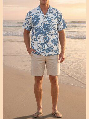 Kalaheo Hawaii Rayon Hawaiian Shirt Made in USA White Blue Leaf Pattern XXL